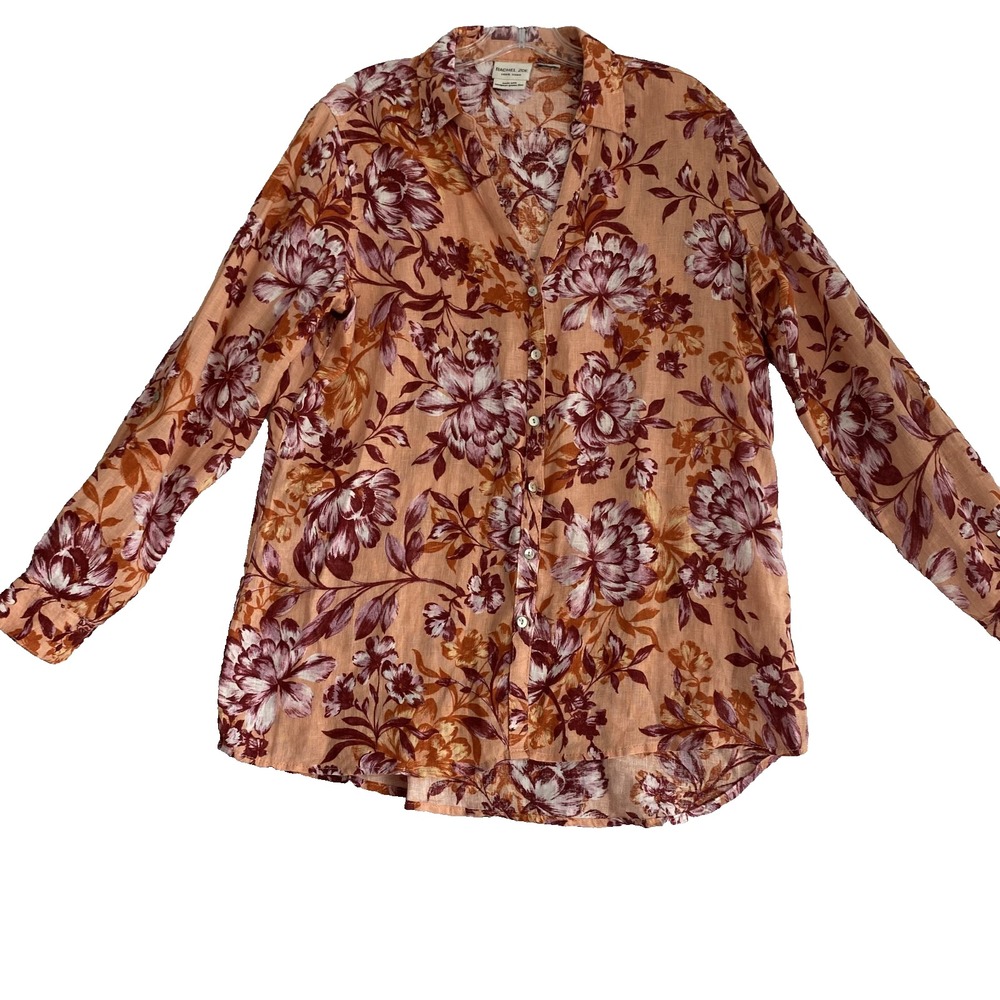 Rachel Zoe Button Up Shirt Sz 14 Floral Long Sleeve 100% Linen Roll Tab